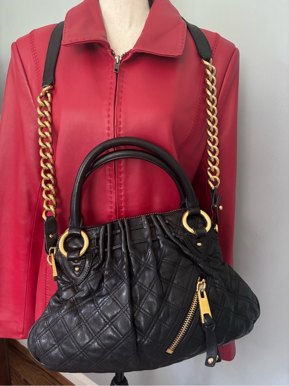 VTG Y2K Marc Jacobs Quilted Leather Cecilia Satchel Bag Black Gold